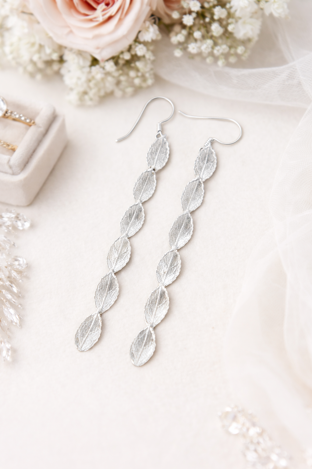 Rose Leaf Dangle Earrings – Gold Plated or Silver Plated | Bridal Jewelry